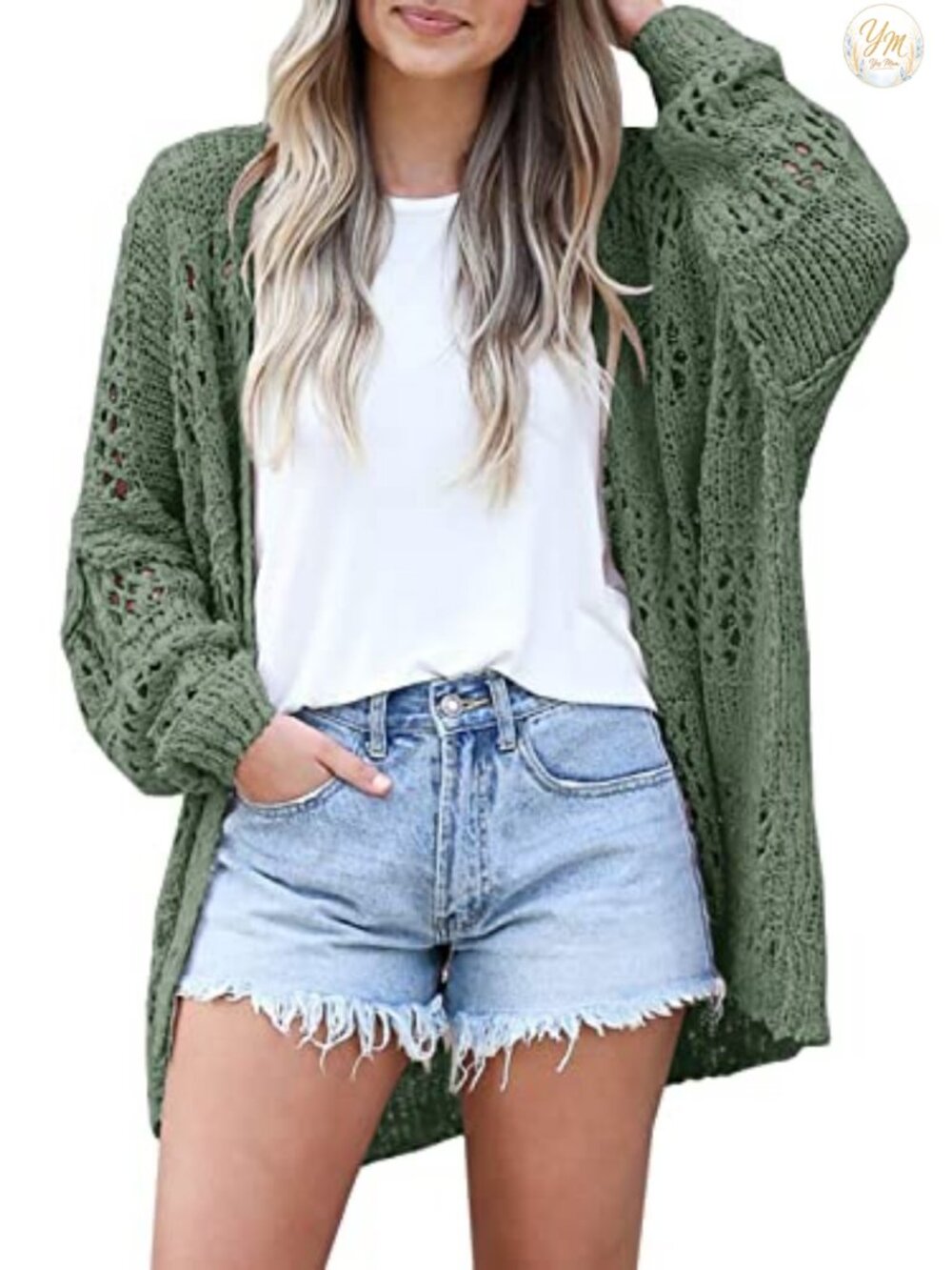 Ermonn Womens Crochet Knit Cardigan Open Front Batwing Long Sleeve Oversize